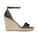 Double Rockstud Grainy Calfskin Wedge Sandal 95mm - Black Cognac